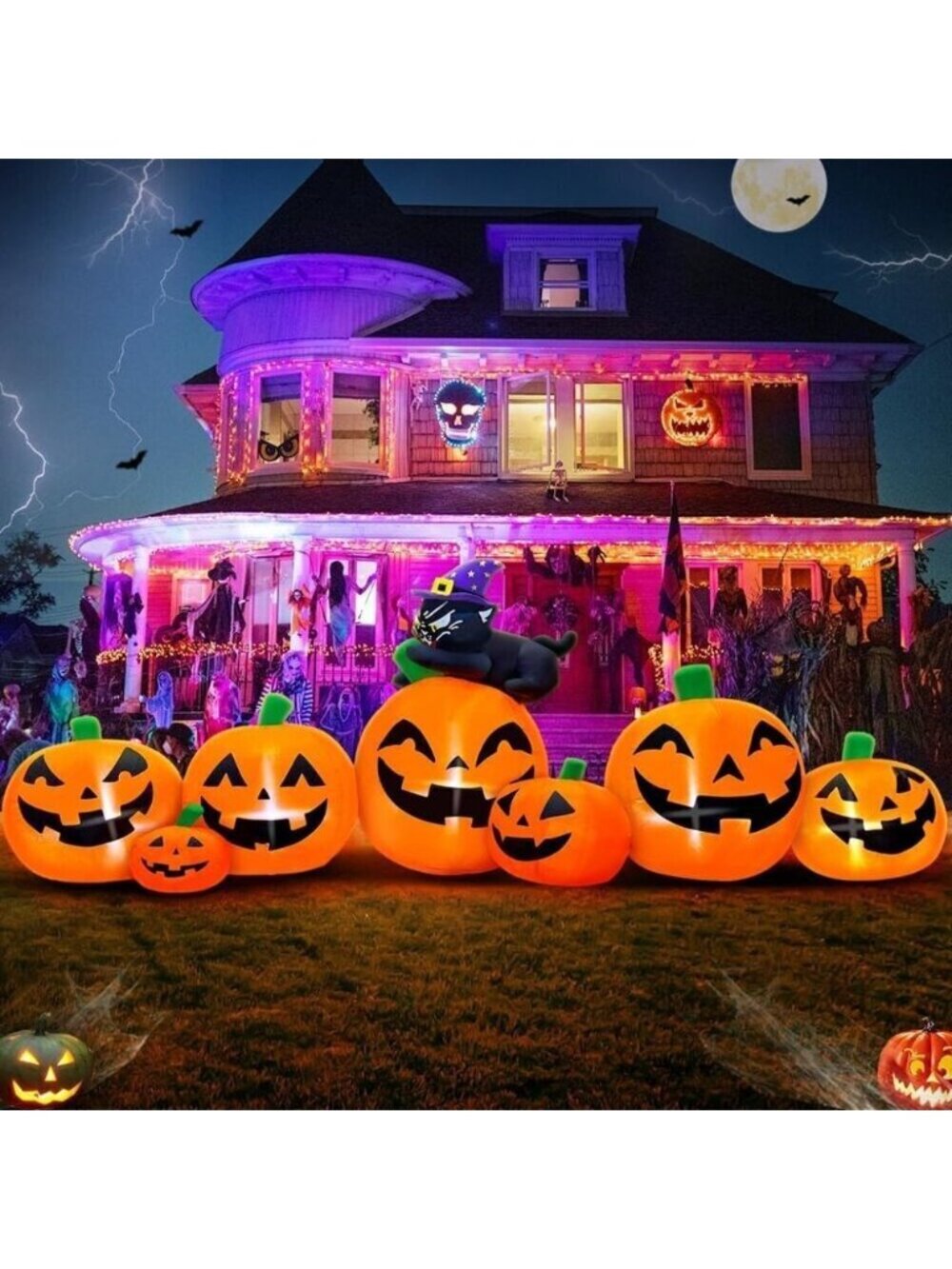 8FT Halloween Inflatables Pumpkin Decorations with Black Cat Holiday Party Lawn